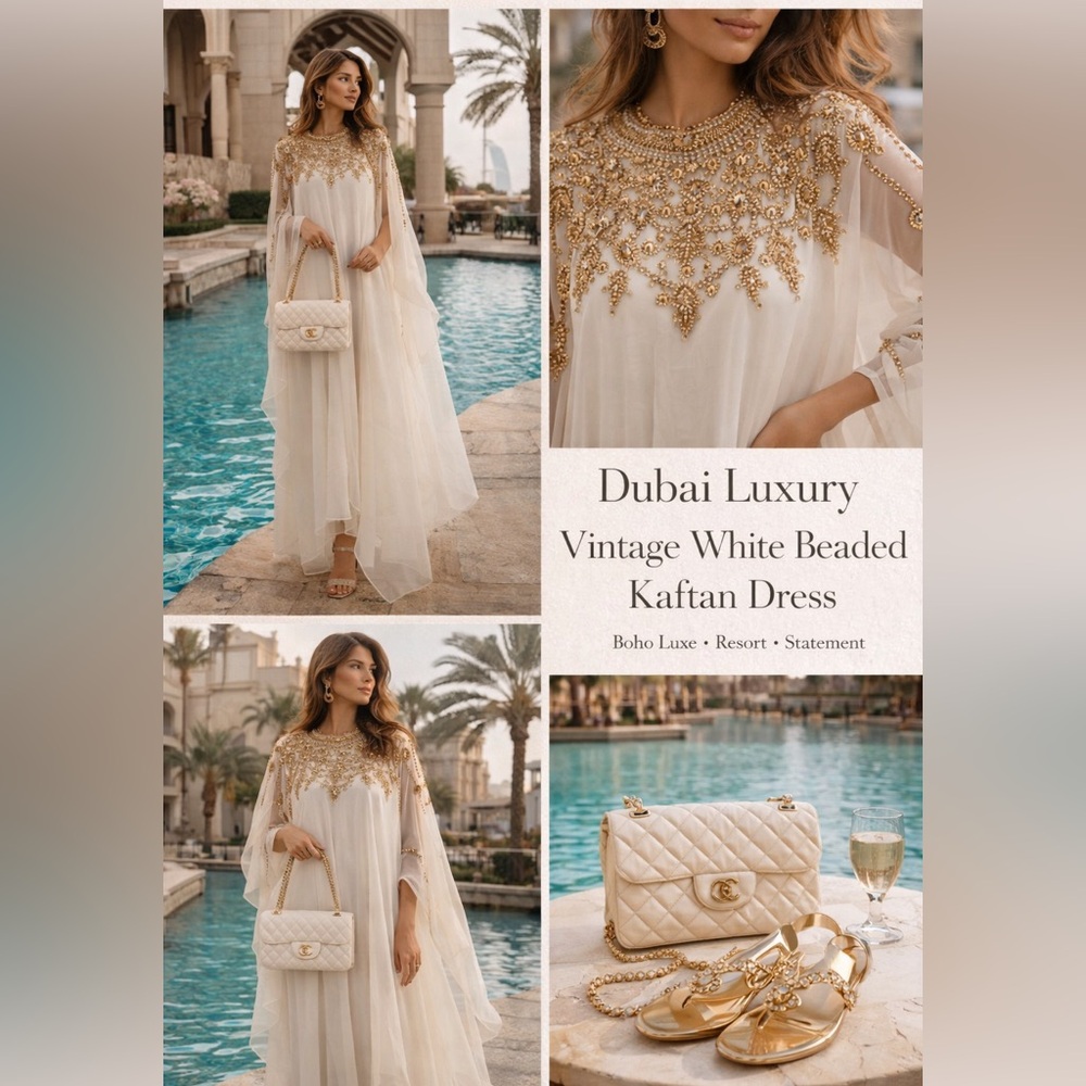 Luxury White Gold Beaded Kaftan Dress India Resort Dubai Style XL Fit